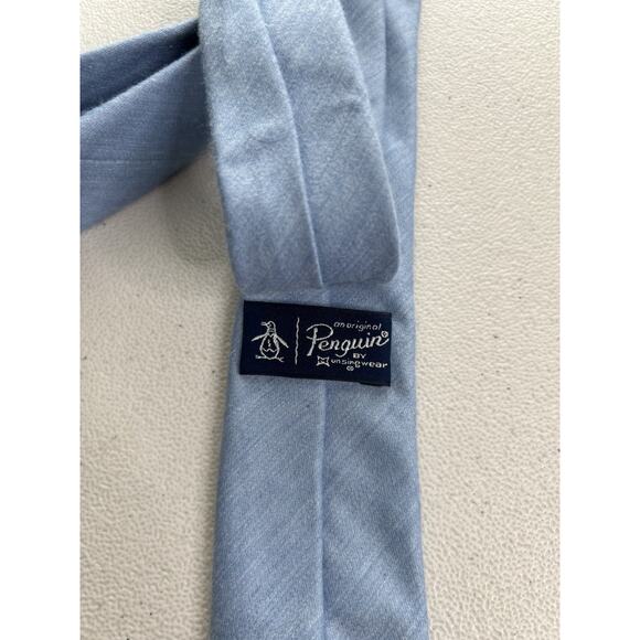 Penguin Blue Solid Woven Pattern Skinny Tie NWOT T-1097 - Picture 5 of 6